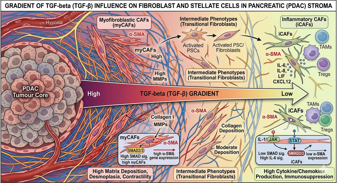 Influence of TGF beta gradient over fibroblast subtypes transformation 
